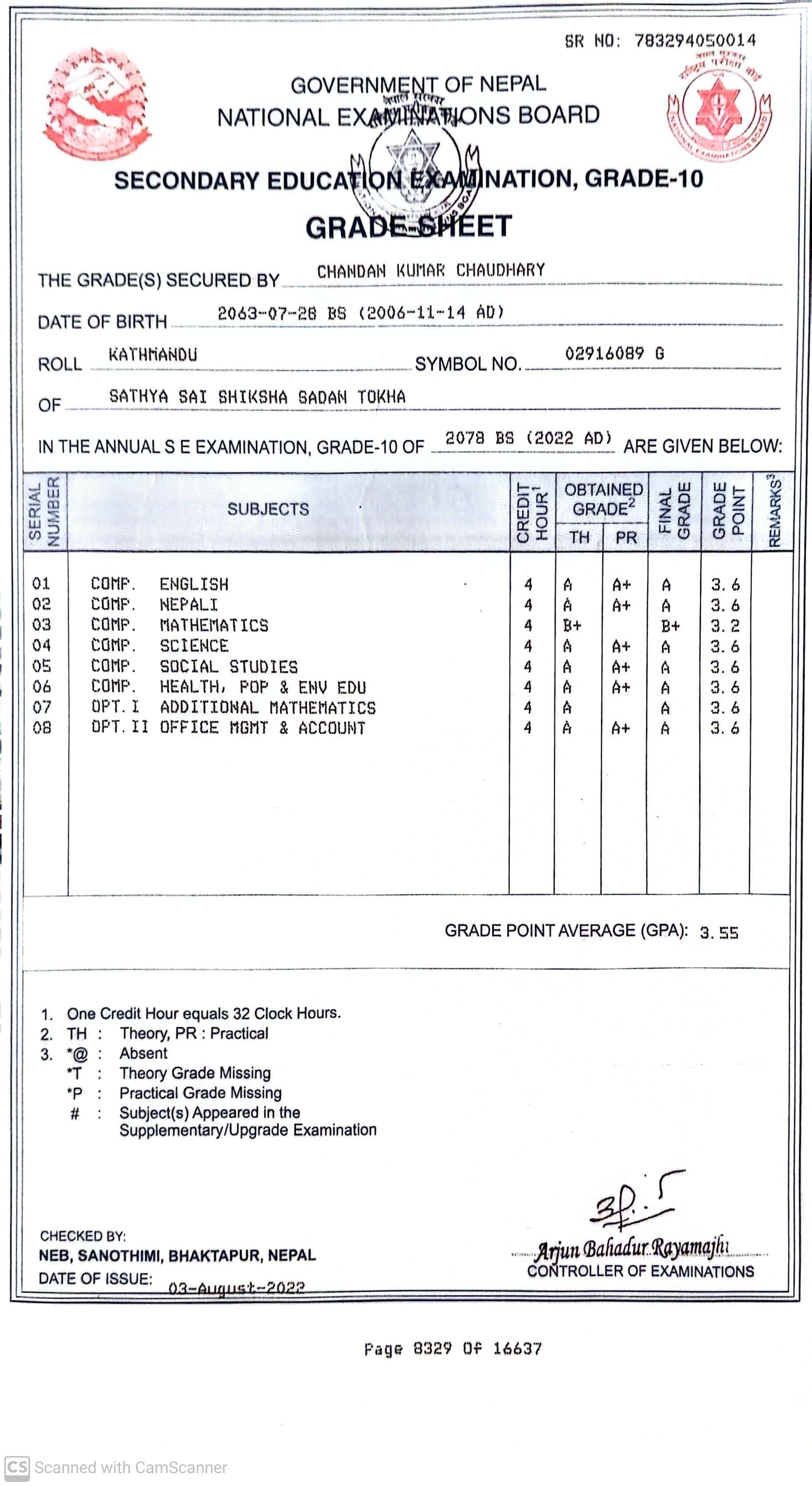 10th Marksheet